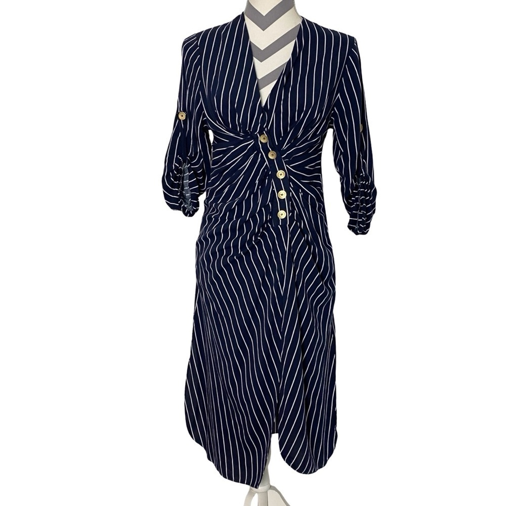 Zara Striped Dress Women Size Small Navy Blue White Midi Long Ruched Button Down